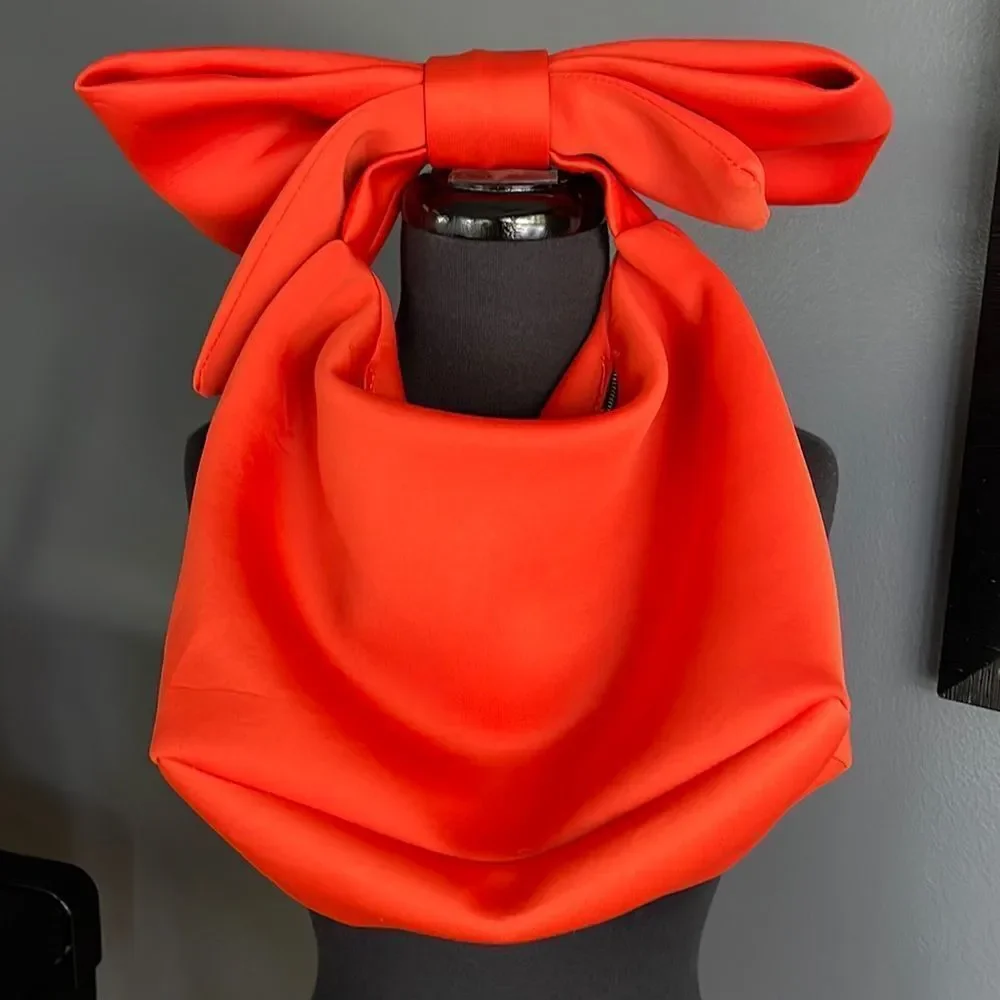 Orange scuba fabric zipper closure large bow strap shoulder bag. - Picture 1 of 4